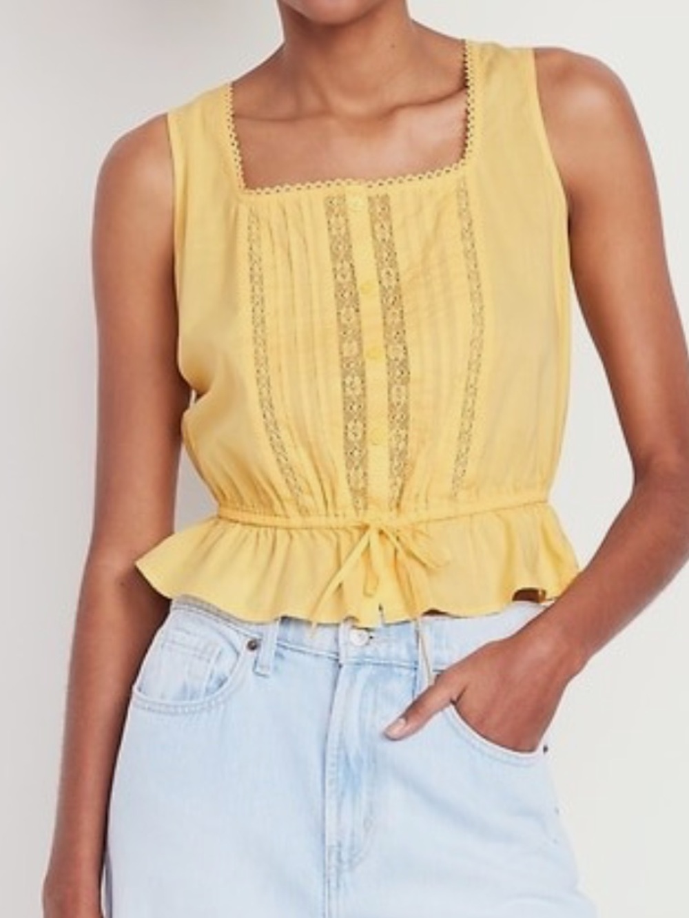 Yellow Tie-Waist Lace-Trim Top